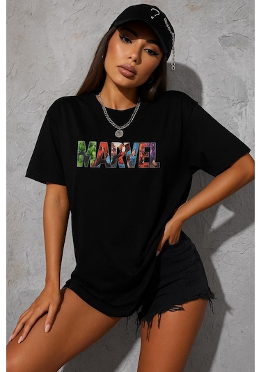 Marvel Baskılı Oversize Beyaz T-shirt SIYAH
