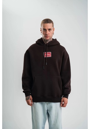 Double Oversize Kapşonlu Dijital Patchli Sweatshirt - Kahve Kahve