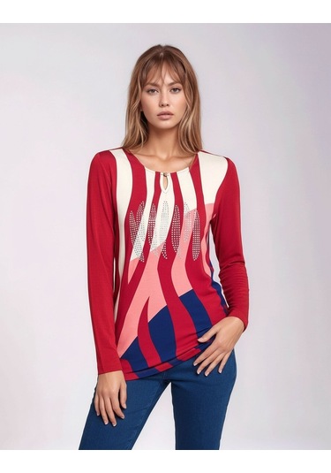 Kadın Bisiklet Yaka Esnek Desenli Taşlı Viskon Uzun Kol Curve Büyük Beden Bluz Kırmızı
