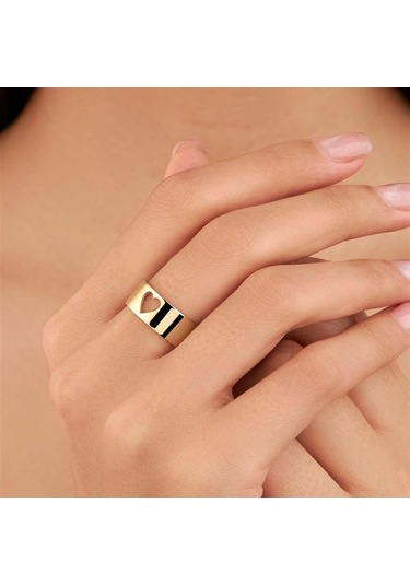 Altın Kaplama Kalp Motifli Gümüş Tek Alyans Yüzük