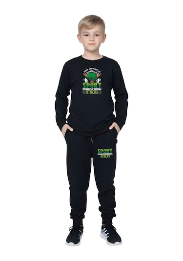 3 Lü Erkek Çocuk Baskılı Kanguru Cepli Kapüşonlu/sıfır Yaka Eşofman Takımı Siyah