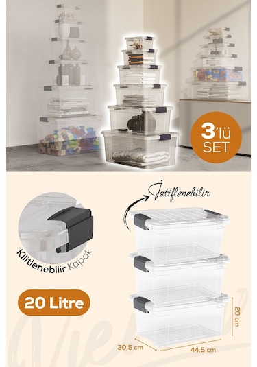 Vienev 3'lü 20 Litre Kilitli Kapaklı Saklama Ve Erzak Kutusu 33115