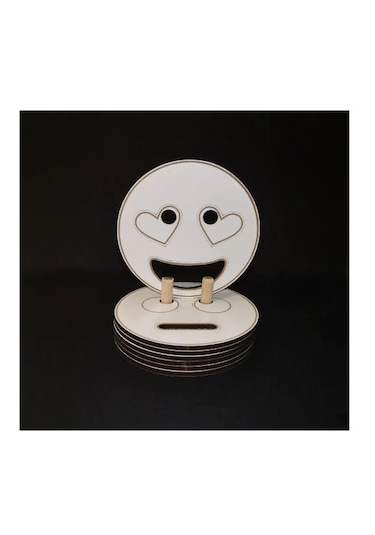 Ahşap Figürlü 6'lı Bardak Altlığı - Emojiler - Beyaz - Lazer Çizm Beyaz