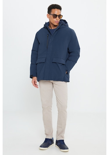 Ac&Co / Altınyıldız Classics - Erkek Lacivert Kapüşonlu Dik Yaka Standart Fit Kaban Lacivert