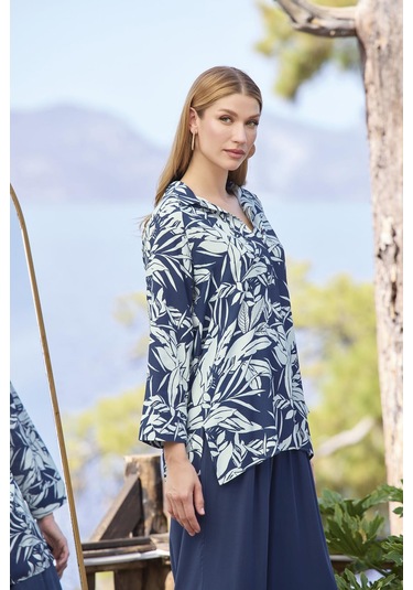 Monamise Kadın Yaprak Desenli Uzun Kollu Gömlek Yaka Alt Üst Takım 25016 Lacivert