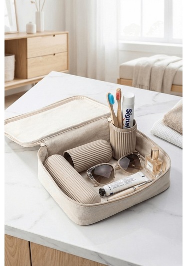 Bej - Seyahat Tipi Diş Fırçası, Makyaj Malzemesi Saklama Kabı, Çok Amaçlı Aksesuar Organizeri Bej