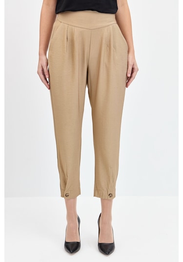 Kadın Geniş Kemerli Paçası Düğmeli Keten Pantolon Camel Camel