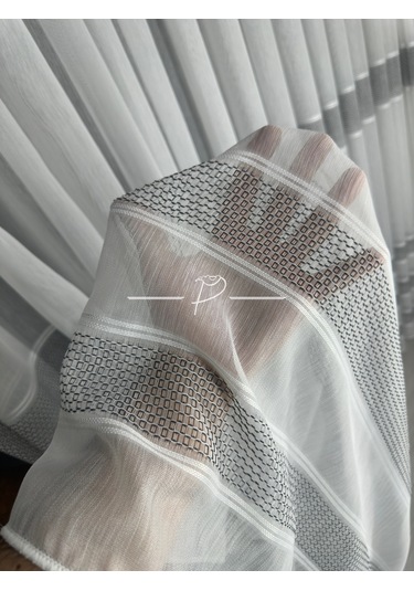 Tül Perde Monalisa Desen Bantlı Şerit Armür Etek Kurşun Sarım Ekru