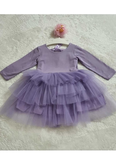 Kız Çocuk Kat Kat Tütülü Pamuklu Uzun Kollu Mor Özel Gün Abiye Doğum Günü Günlük Prenses Elbise Mor
