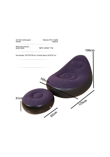 Snapbuy Şişme Koltuk, Ayak Dayamalı, İç Dış Mekan Kullanımına Uygun, Kadife Kaplamalı Berjer 2'li Set Koyu Mavi - Siyah
