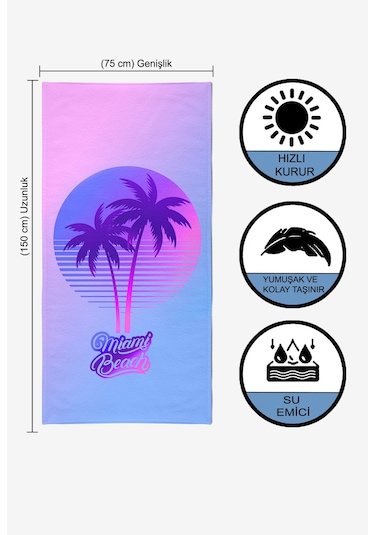 MIAMI BEACH Dijital Baskılı 75x150 Cm Plaj Havlusu Mor