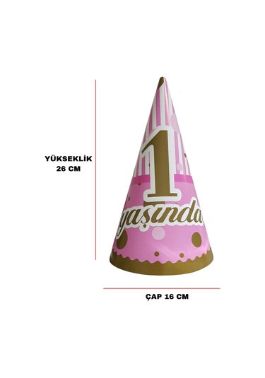 1 Yaş Temalı Pembe Karton Parti Şapkası 8 Adet Tüm Yaşlar