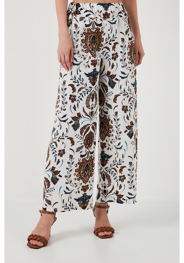 Lela Desenli Beli Lastikli Bol Paça Rahat Kesim Bayan Pantolon 5865217 Beyaz-Kahve