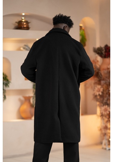 İtalyan Geniş Yaka Oversize Bol Kesim Salaş Uzun Kaban Siyah