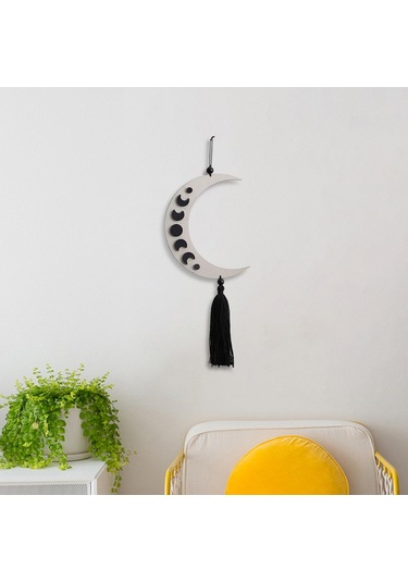 Homyl Püsküllü Siyah Göksel Evre Ahşap Duvar Sanatı Hilal