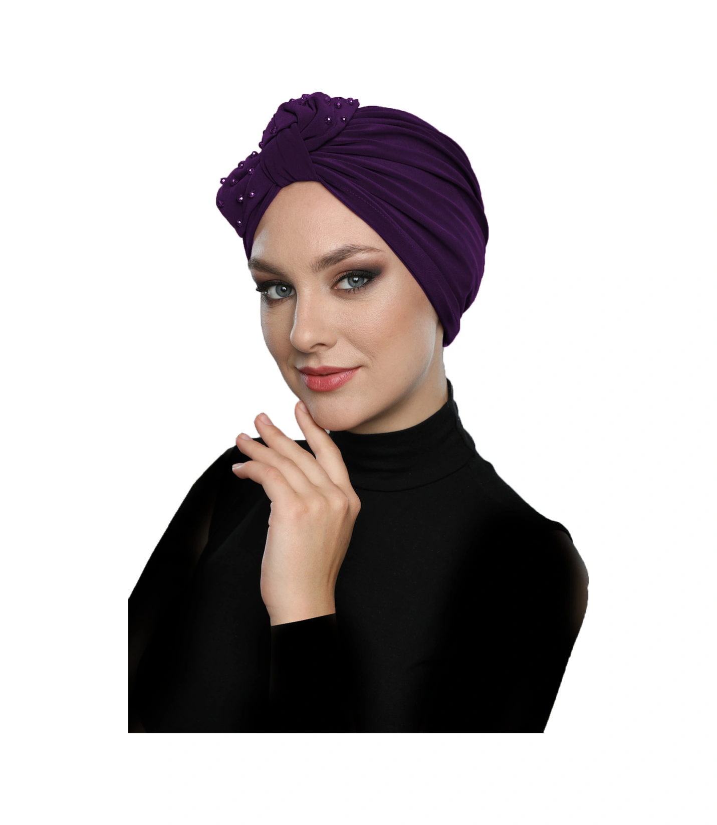 Kristal Yelpaze Taş Işlemeli Çift Taraflı Astarlı Mor Hazır Türban Tesettür Abiye Bone Mor