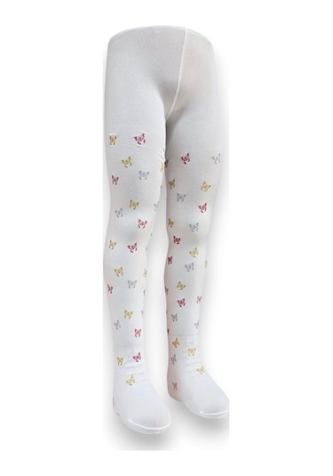 Kelebekli Simli Çocuk Külotlu Çorap - Dore St08584 Krem