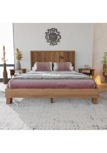 Hüma Model Ceviz Renk Çam Ahşap Karyola Ve İki Komodin Set Dikey -281 200 x 200 CM