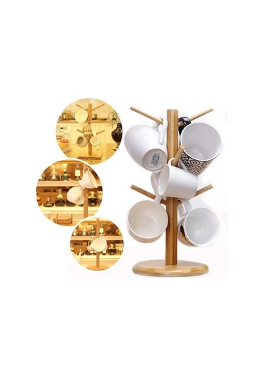 Youmex Bambu Bardak Tutucu, 6 Bardak Kapasitesi, Dürtme Engeli, Organik Malzeme, Mutfak Düzenleyici, Doğal Tarz, Anti Kayma Taban Ahşap