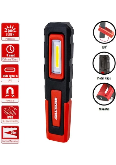 İzeltaş Cob Led Şarjlı Küçük Boy Çalışma Lambası 200 Lm Kırmızı - Siyah