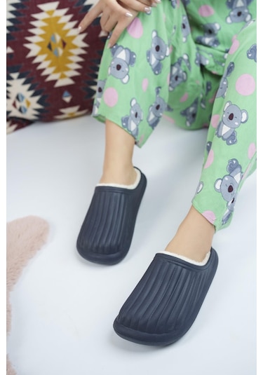 Modafrato Flora Kapalı İçi Yünlü Unisex Ev Terliği Kışlık Terlik Su Geçirmez Lacivert