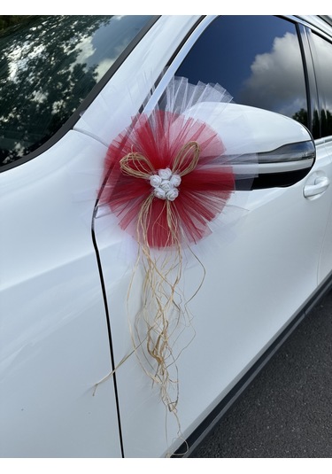 5 Adet Beyaz Kırmızı Kristal Tül Beyaz Lateks Güllü Konvoy Süsü