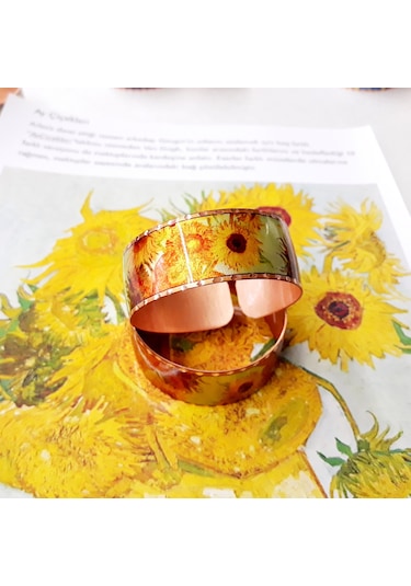 Copper Anatolian Van Gogh Sunflowers 1888 Bakır El İşçilikli Lüks Bilezik Altın