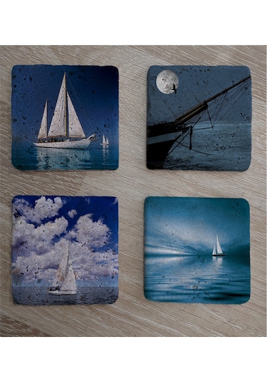 Deniz Ve Yelkenliler Doğal Taş Bardak Altlığı 4'lü Set - Natural Stone Coasters-174144 Çok Renkli