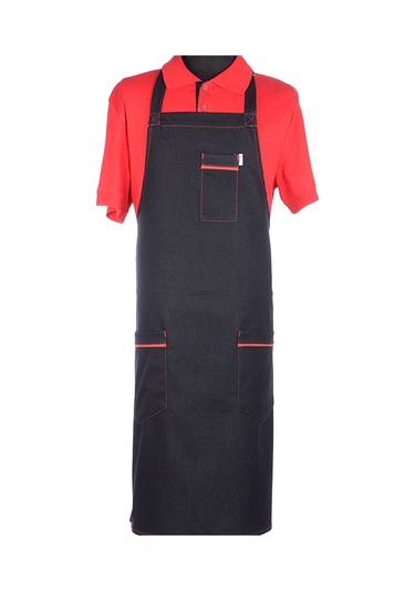 Barista Chef Cafe Aşçı Boydan Önlük Kot Kırmızı Bi Ye Tokalı