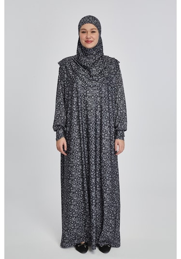 Pratik Tek Parça Çiçek Desenli Namaz Elbisesi Siyah
