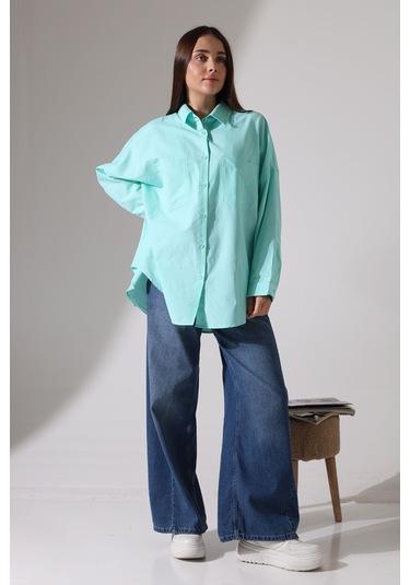 Yeni Sezon Poplin Kumaş Çift Cepli Oversize Pamuklu Kadın Tunik Gömlek Turkuaz
