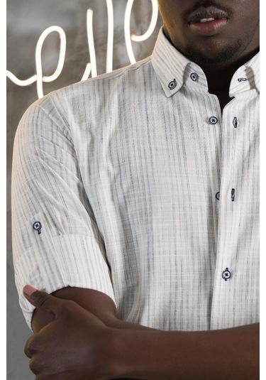 Advante İnce Çizgili Yaka Düğmeli Katlamalı Kol Pamuklu Slimfit Yazlık Keten Gömlek Gri