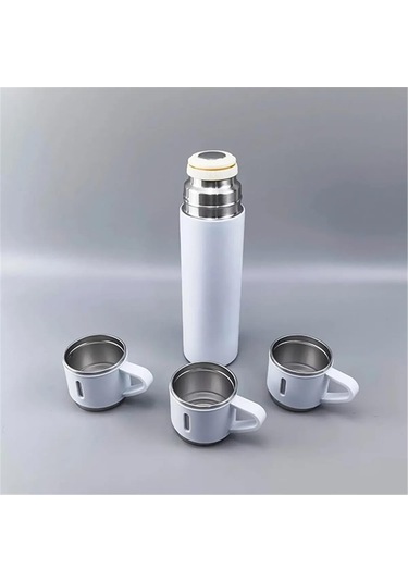 Kişiselleştirilebilir 3 Bardaklı Çelik Termos 05 Lt Beyaz Beyaz