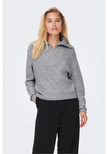 Only Oversize Yarım Fermuarlı Uzun Kol Kadın Sweatshirt - Minimalist Stil Gri-melanj