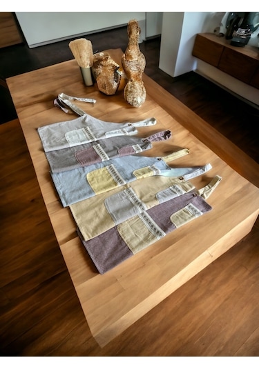 Dnc Home Tekstil  Bej Renk Krem Cepli Keten Modern Etnik Tarz Çift Katlı Mutfak Önlüğü