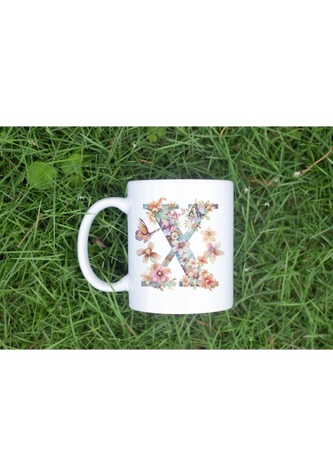 X Harfi Çiçekli Kupa Bardak - Soft Renk Çiçek Ve Kelebek Desenli Zarif Kahve Kupası - Bohem Beyaz
