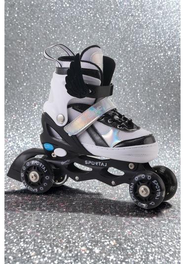 Melek Kanatlı Işıklı Çocuk Pateni Ve Dizlik Seti Silikon Teker Ayarlanabilir Paten Çantalı Siyah Siyah