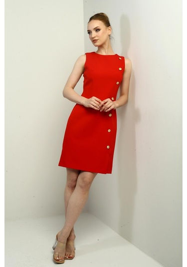 Kadın Kendinden Telalı Yan Düğmeli Kısa Elbise-40797 Kırmızı