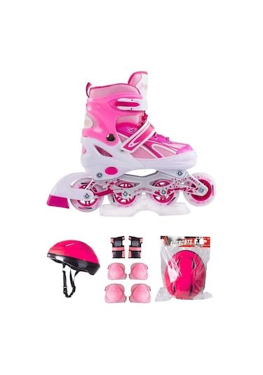 Pembe Çift Sıra Ayarlanabilir Alıştırma Pateni Kask Dizlik Seti Pembe