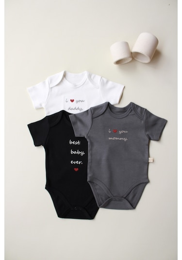 3lü Nakışlı Kısa Kollu Çıt Çıtlı Body Zıbın Model 7 Çok Renkli