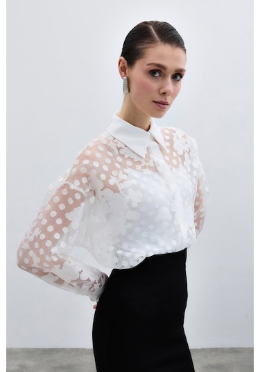 Sateen Kendinden Desenli Gömlek - Ekru-136001 Ekru