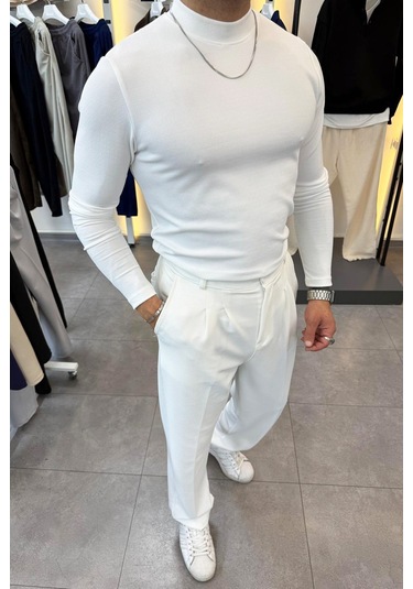 Yarım Balıkçı Pamuk Örme Likralı Esnek Rahat Kumaş Pileli Pantolonlu Takım Beyaz