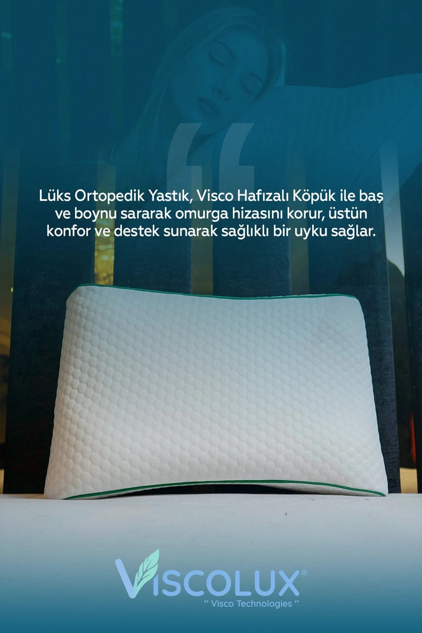 Bombeli Lüx Boyun Destekli Ortopedik Yastık Anti-aging Visco Yastık 57x42x13/11 Yeşil
