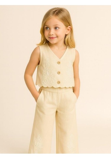 Kız Çocuk Keten Yelek Pantolon Takım-15971 KREM