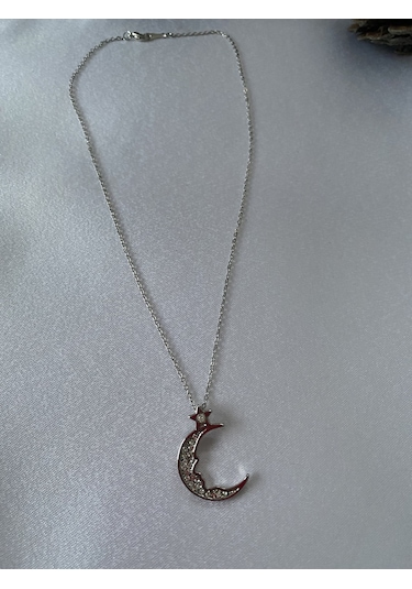 Ay Figürlü Mini Yıldız Detaylı Kolye Gümüş Renk Mor