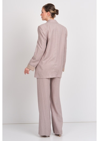 Ayhan Kadın Çizgili Düğmeli Keten Ceket 0860 Kahverengi Kahverengi