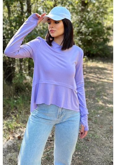 Kadın Lila Elleri Eldiven Detaylı, Asimetrik Kesim, Bisiklet Yaka, Eteği Pliseli, Salaş Spor Bluz LILA