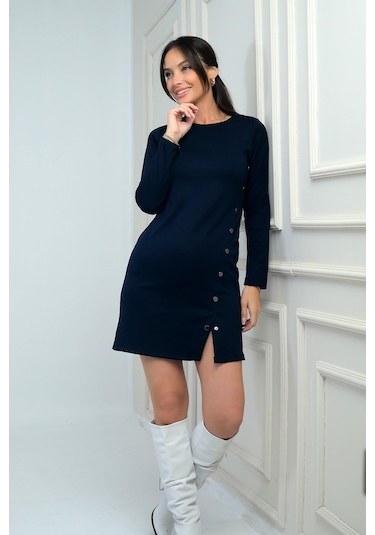 Kadın Çıtçıtlı Kısa Elbise-41798 Lacivert