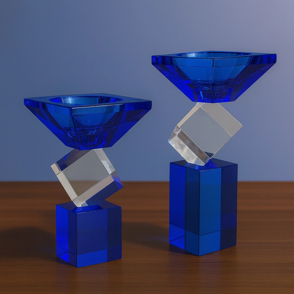 Kristal Geometrik 2 Li Şamdan Seti Mavi 20x9