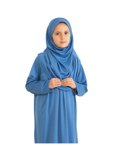 İki Parça Çocuk Elbisesi Seti Eşarp İle Takım İndigo